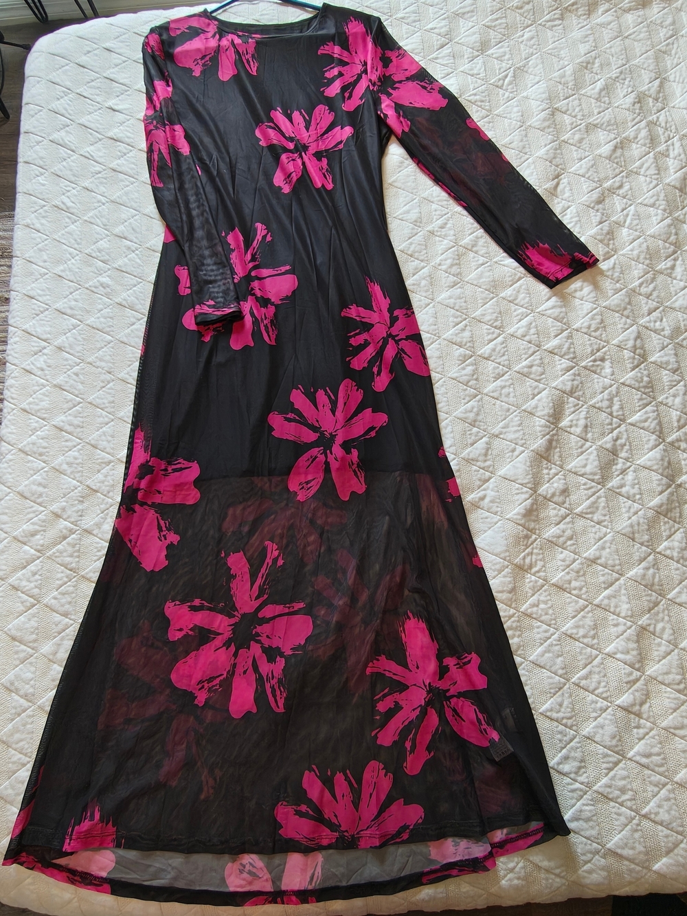 Black Mesh Maxi Dress with Pink Floral Print - Women